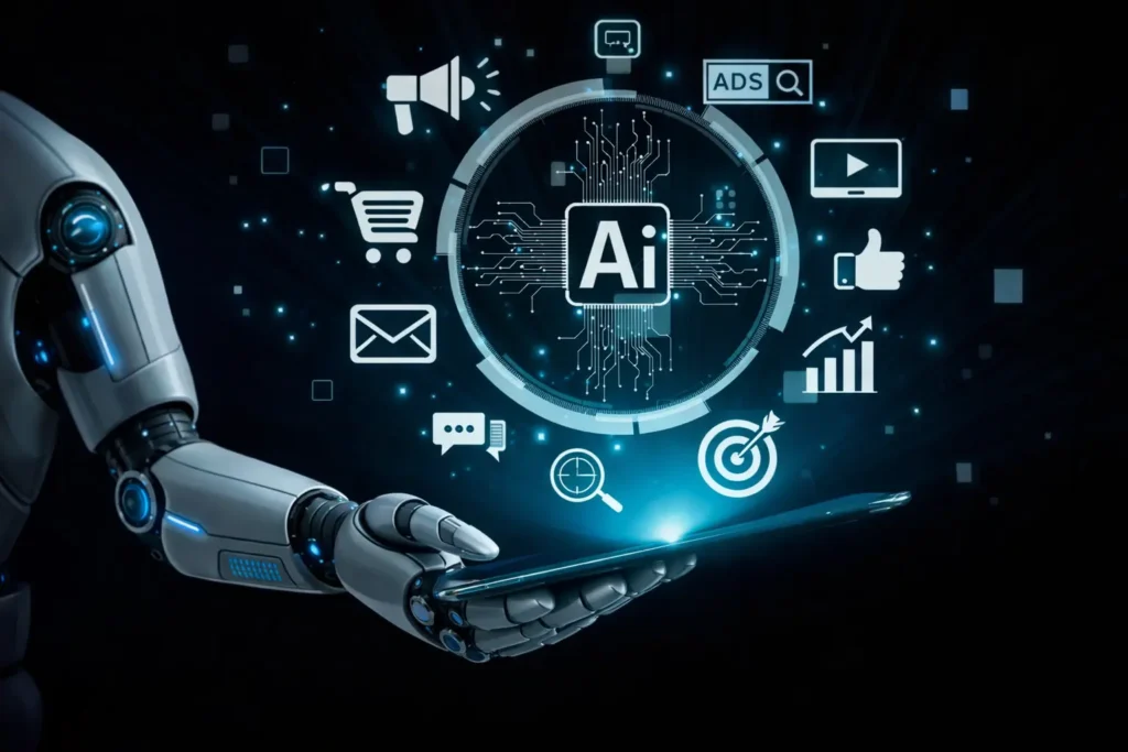 freelance digital marketing specialist in wayanad a robot is typing on a tab